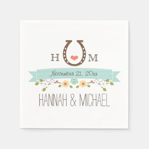 Monogrammed Aqua Blue Horseshoe Heart Bröllop Pappersservett