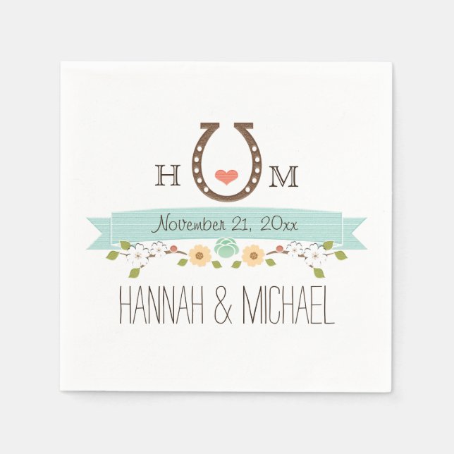 Monogrammed Aqua Blue Horseshoe Heart Bröllop Pappersservett (Framsidan)