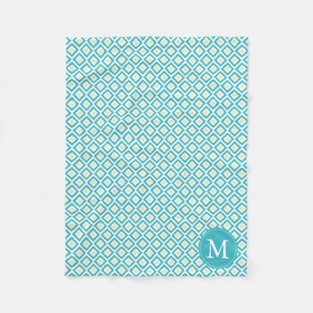 Monogrammed Aqua Gult Diamonds Ikat Mönster Fleecefilt (Framsidan)