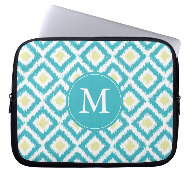 Monogrammed Aqua Lemon Diamond Ikat Mönster Laptop Fodral (Framsidan)