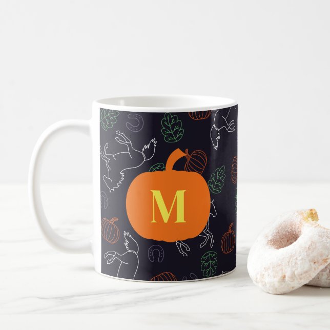 Monogrammed Autumnal Halloween Horse Mönster Kaffemugg (Med munk)