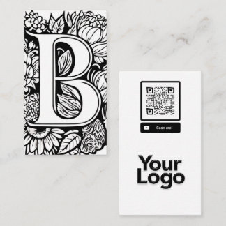 Monogrammed B Black and White Blommigt QR Code Log Visitkort