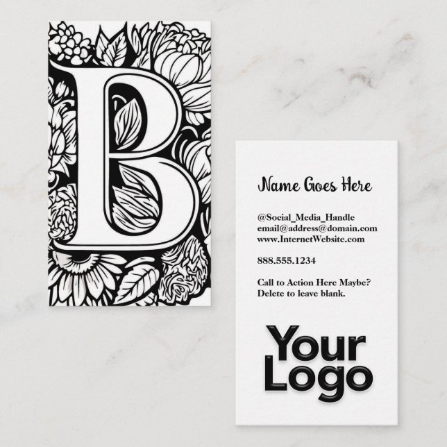 Monogrammed B Blommigt Black and White Company Log Visitkort (Fram/baksida)