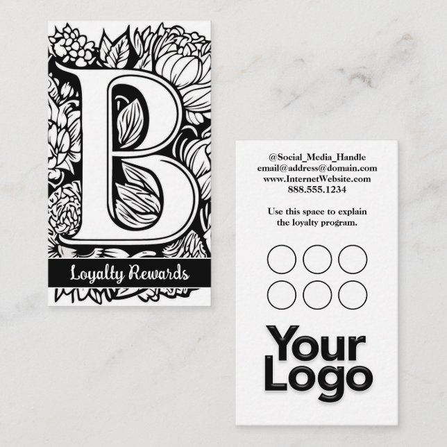 Monogrammed B Blommigt Black and White Company Log Visitkort (Fram/baksida)