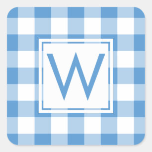 Monogrammed Baby blue White Gingham Play Mönster Fyrkantigt Klistermärke