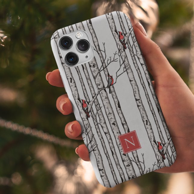 Monogrammed Birch Träd och Red Kardinal Birds (Modern Hand-Drawn Birch Trees with Red Cardinal Birds Perched on Branches. Personalize with Monogram)