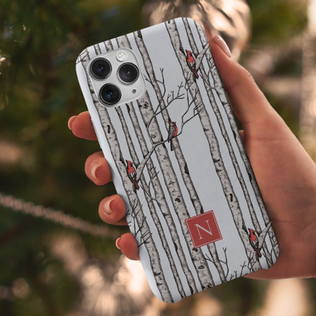 Monogrammed Birch Träd och Red Kardinal Birds (Modern Hand-Drawn Birch Trees with Red Cardinal Birds Perched on Branches. Personalize with Monogram)