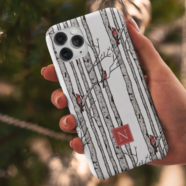 Monogrammed Birch Träd och Red Kardinal Birds (Modern Hand-Drawn Birch Trees with Red Cardinal Birds Perched on Branches. Personalize with Monogram)
