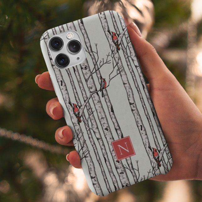 Monogrammed Birch Träd och Red Kardinal Birds (Modern Hand-Drawn Birch Trees with Red Cardinal Birds Perched on Branches. Personalize with Monogram)