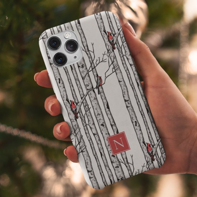 Monogrammed Birch Träd och Red Kardinal Birds (Modern Hand-Drawn Birch Trees with Red Cardinal Birds Perched on Branches. Personalize with Monogram)