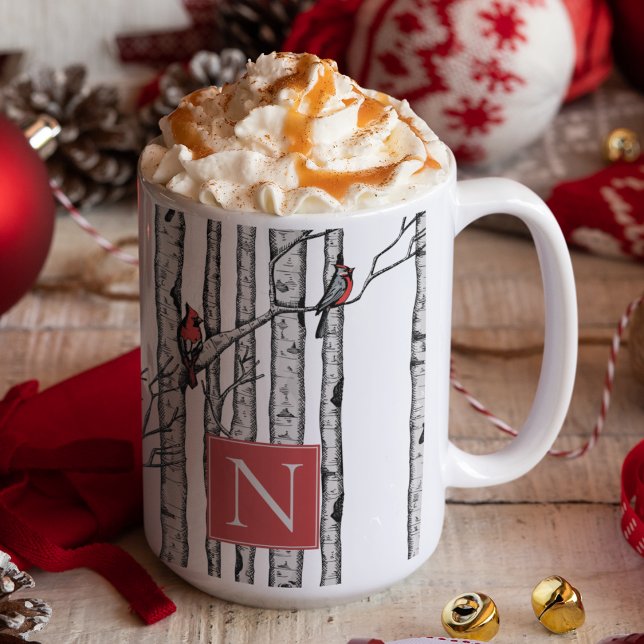 Monogrammed Birch Träd och Red Kardinal Birds Mugg (Festive & Modern Monogrammed Mug Featuring Red Cardinal Birds on Birch Branches, Hand Drawn in Ink.)