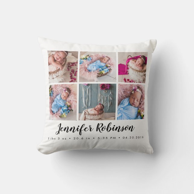 Monogrammed Birth Stat White Photo Kudde (Framsida)