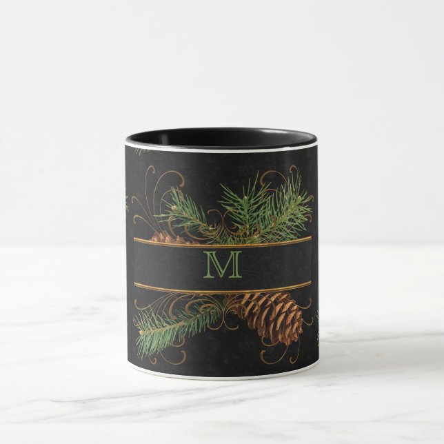 Monogrammed Black and Gräs Cone Woodland Theme Mugg (Center)