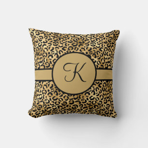 Monogrammed Black and Guld Leopard Print Kudde