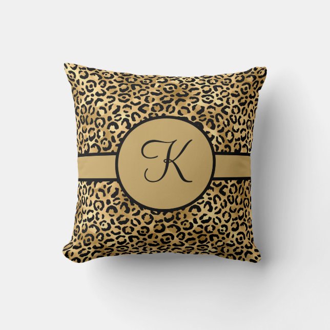 Monogrammed Black and Guld Leopard Print Kudde (Framsida)
