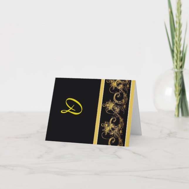 Monogrammed Black and Guld Notecards Tack Kort (Framsida)
