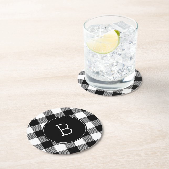 Monogrammed Black and White Buffalo Play Underlägg Papper Rund (Insitu)