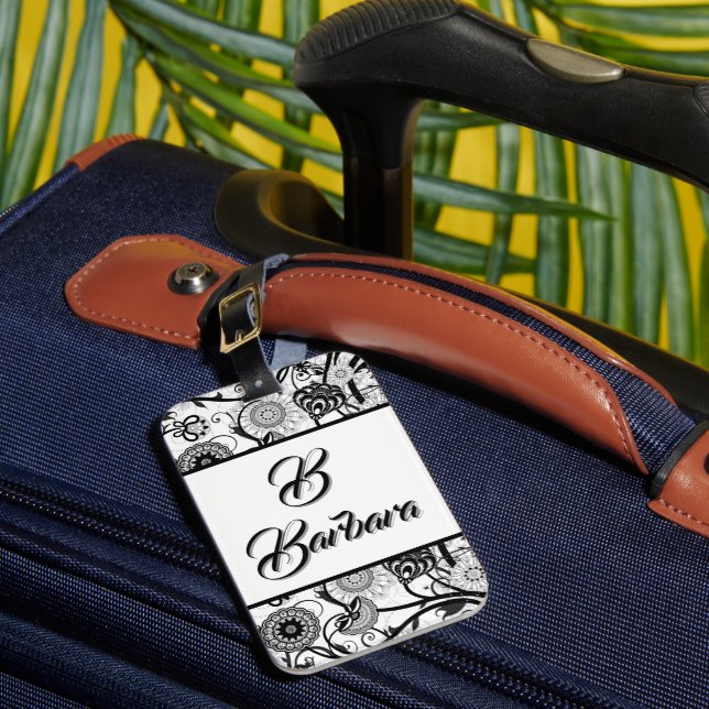 Monogrammed Black And White Floral Abstract Luggag Bagagebricka (Framsida Insitu 1)