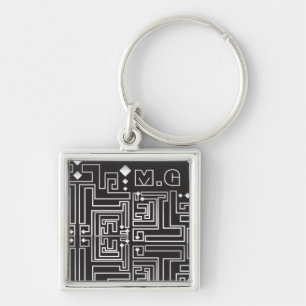 Monogrammed Black and White Maze Mönster Fyrkantig Silverfärgad Nyckelring