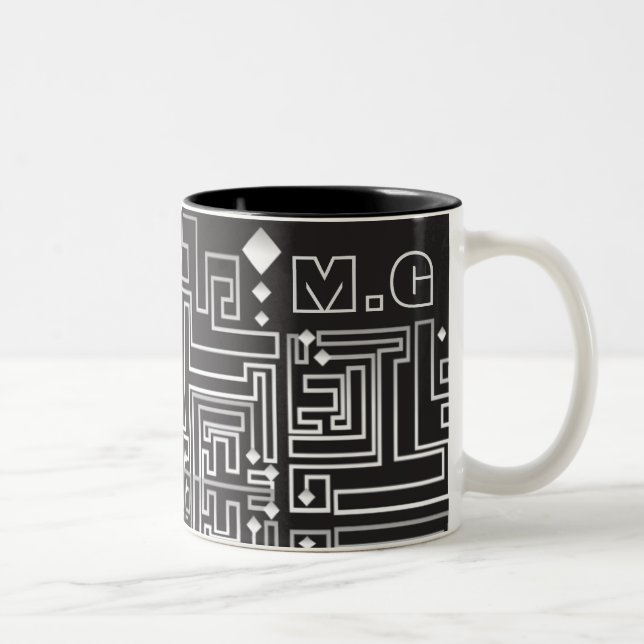 Monogrammed Black and White Maze Mönster Två-Tonad Mugg (Höger)