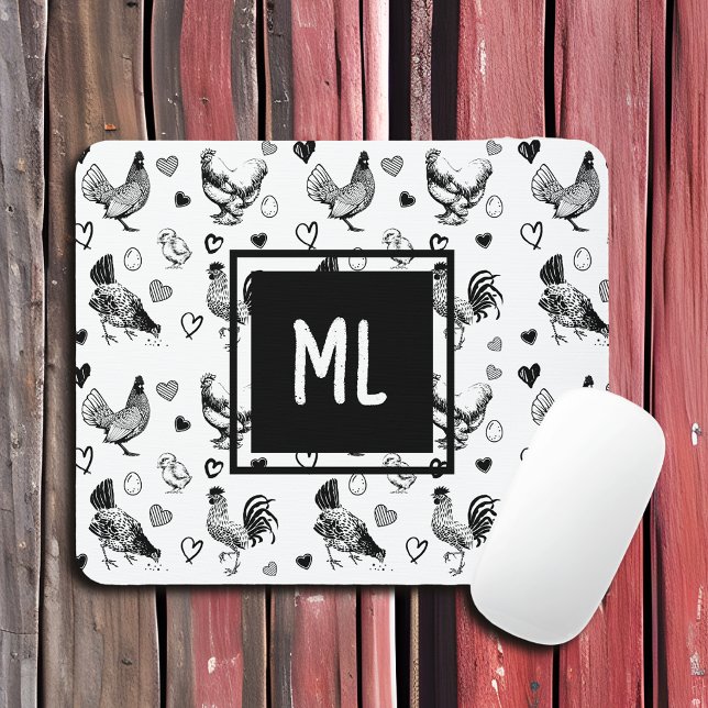 Monogrammed Black and White Tecknad Chickens Musmatta (Skapare uppladdad)