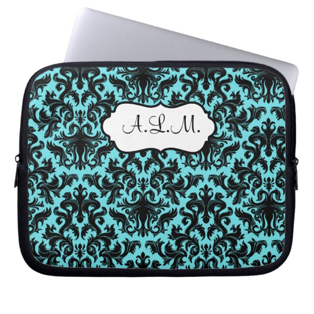 Monogrammed Black, Aqua Damask Laptop sleeve (Framsidan)