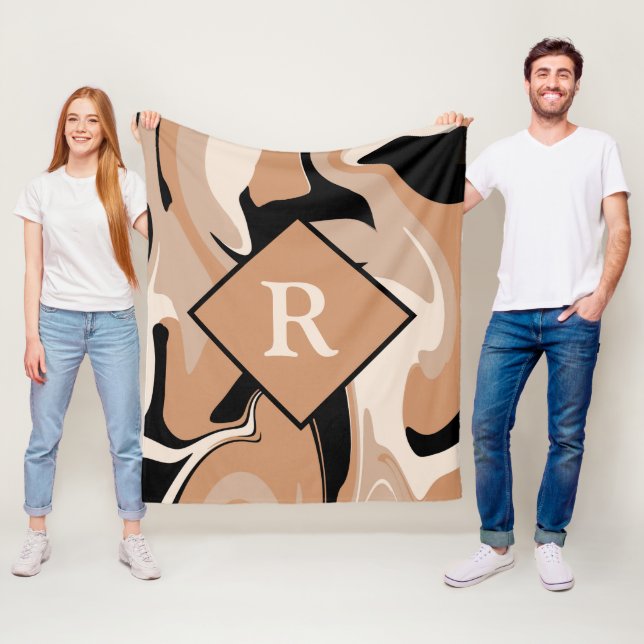 Monogrammed Black Brown Cream Marble Swirl Mönster Fleecefilt (På plats)