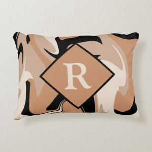 Monogrammed Black Brown Cream Marble Swirl Mönster Prydnadskudde