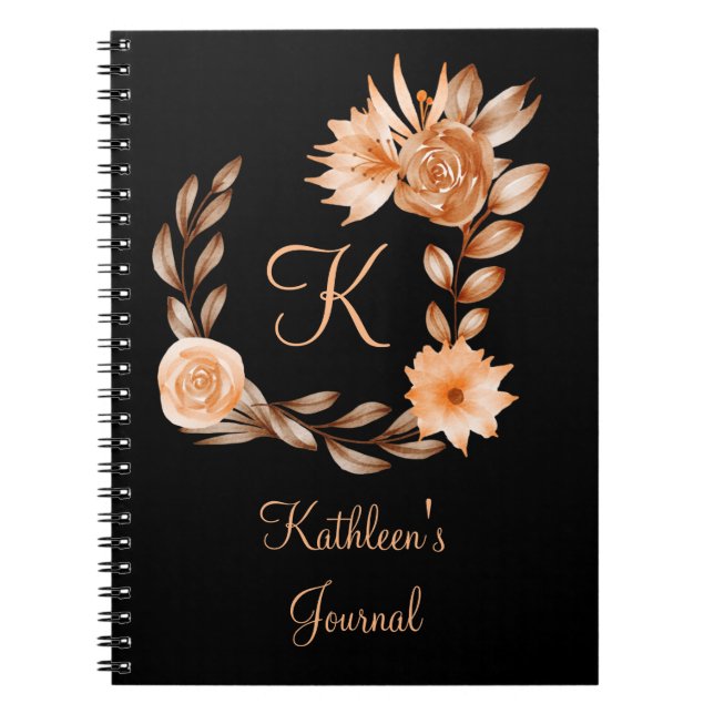 Monogrammed Black Brown och Peach Blommigt Anteckningsbok (Framsidan)