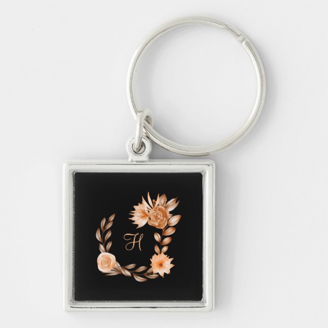 Monogrammed Black Brown och Peach Blommigt Fyrkantig Silverfärgad Nyckelring (Framsidan)
