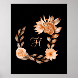 Monogrammed Black Brown och Peach Blommigt Poster