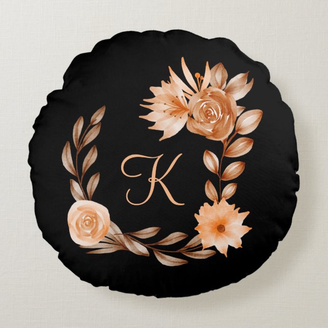 Monogrammed Black Brown och Peach Blommigt Rund Kudde (Framsidan)