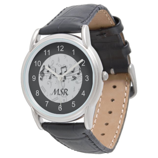 Monogrammed Black och Grått Musik noter Armbandsur (Vinklad)