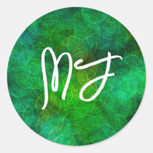 Monogrammed Black och Grönt Bokeh Runt Klistermärke