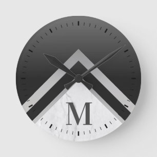 Monogrammed Black Silver Chevron Marble Rund Klocka