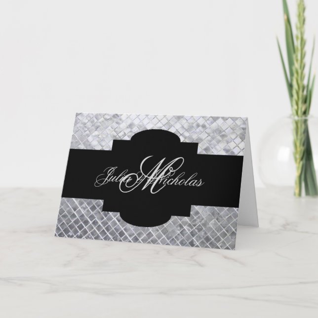 Monogrammed Black & Silver Mosaic Kort (Framsida)