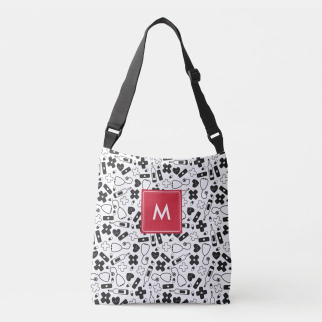 Monogrammed Black White Medical Mönster Nurse Axelväska (Framsida)