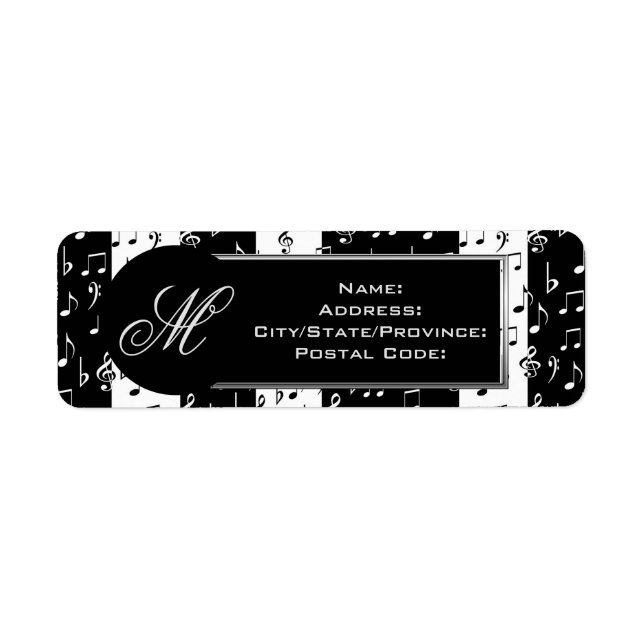 Monogrammed Black & White Musical Rand-etikett Returadress Etikett (Framsidan)