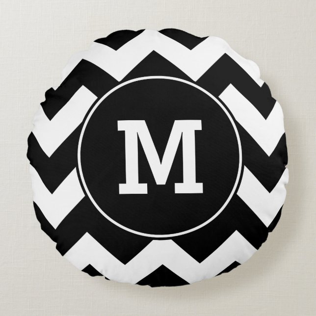 Monogrammed Black Zigzag Mönster Rund Kudde (Framsidan)