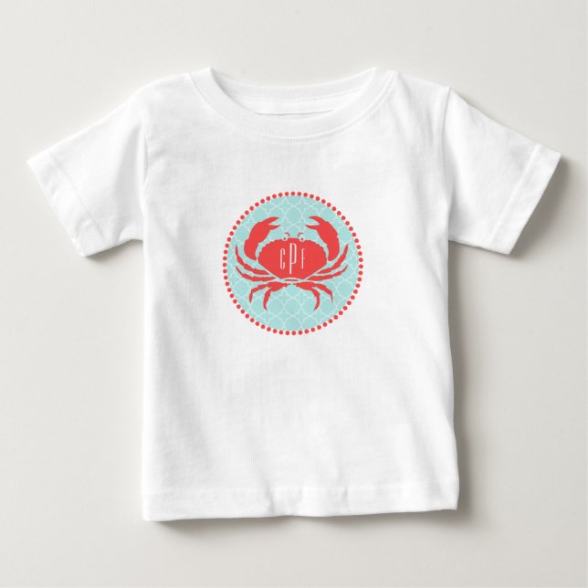 Monogrammed blått+ Röd krabbaRomper Tee Shirt (Framsida)