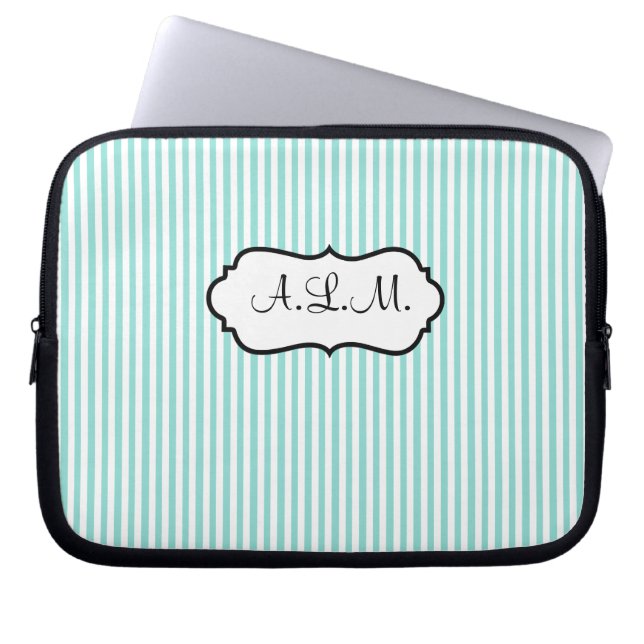 Monogrammed blått, vit görade randig laptop sleeve (Framsidan)