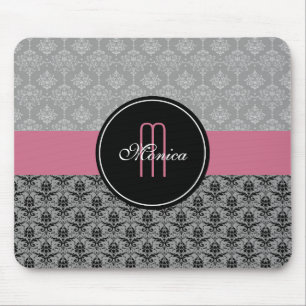 Monogrammed blom- damaster för svart grå rosa musmatta