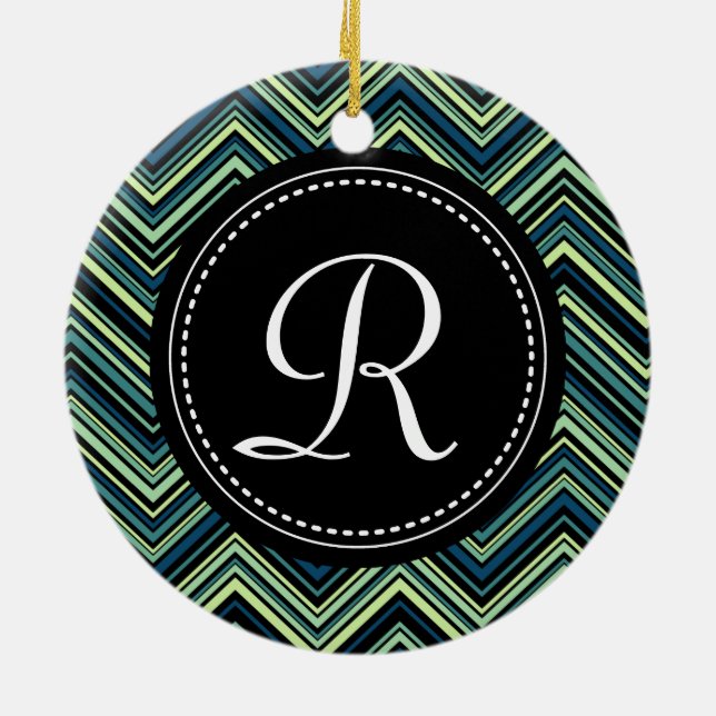 Monogrammed Blue Black Tribal Chevron Mönster Julgransprydnad Keramik (Baksidan)