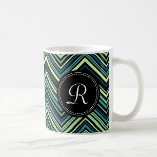 Monogrammed Blue Black Tribal Chevron Mönster Kaffemugg