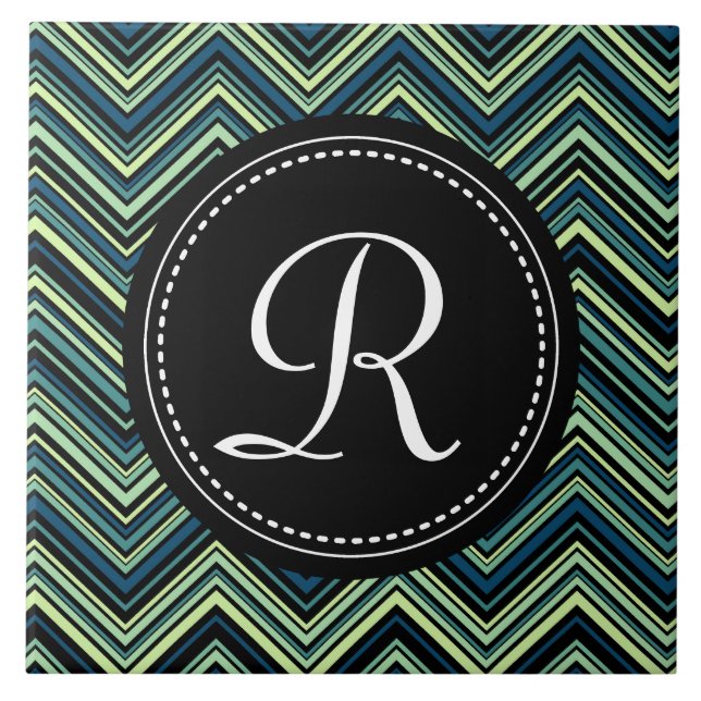 Monogrammed Blue Black Tribal Chevron Mönster Kakelplatta (Framsidan)