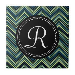 Monogrammed Blue Black Tribal Chevron Mönster Kakelplatta