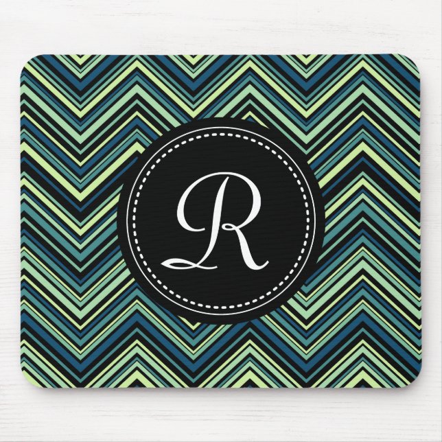 Monogrammed Blue Black Tribal Chevron Mönster Musmatta (Framsidan)