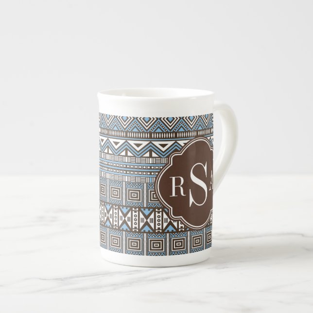 Monogrammed Blue Brown Tribal Mönster Benporslin Mugg (Framsida höger)