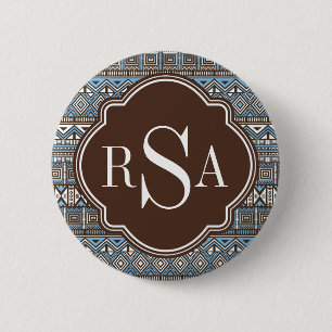 Monogrammed Blue Brown Tribal Mönster Knapp