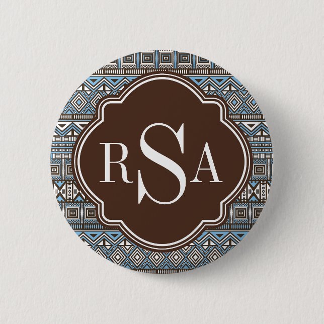 Monogrammed Blue Brown Tribal Mönster Knapp (Framsida)